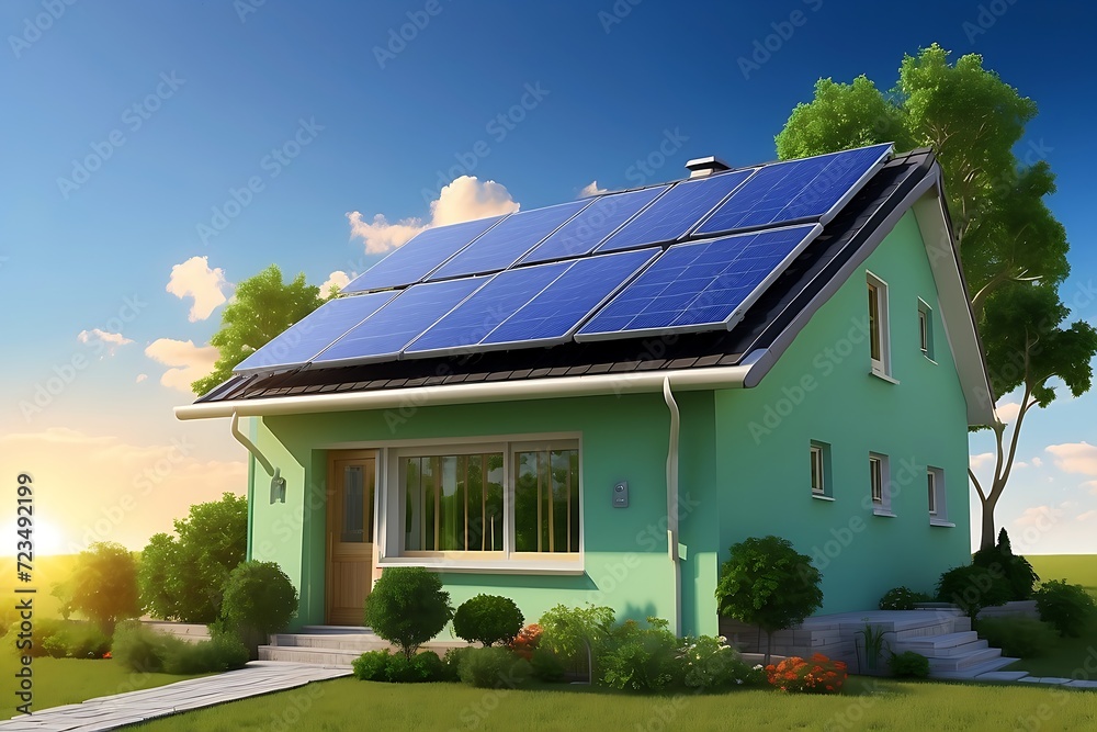 House with solar panels on the roof. Sustainable and clean energy at home.