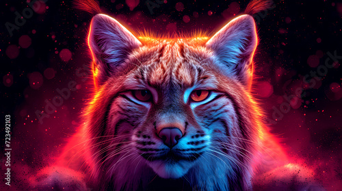 Lynx close up on a red background. Ai generated.