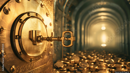 A golden key unlocking a vault filled with financial opportunities, symbolizing the idea of unlocking wealth through wise investments photo