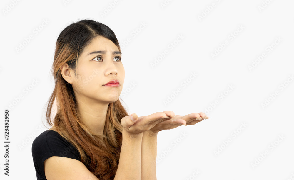 Young asian woman posing hand pointing isolated on white background. Young asian woman posing hand pointing isolated on white background.