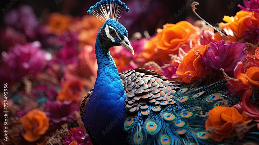A vibrant peacock displaying its feathers - obrazy, fototapety, plakaty 