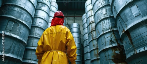 Worker facing radioactive waste barrels photo