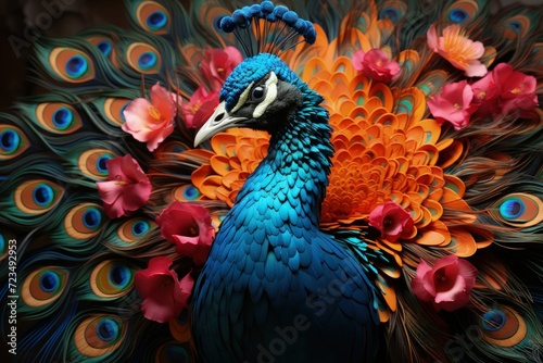 A vibrant peacock displaying its feathers