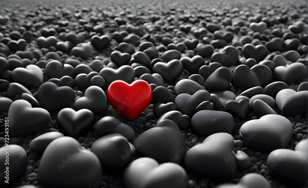 Fototapeta premium Red heart standing out in a sea of grey, surrounded by a sharply contrasting black and white world, focus on heart. Generative AI