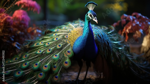 A vibrant peacock displaying its feathers photo