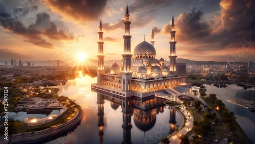 beautiful view of the mosque during the day. seamless looping 4K virtual video animation background photo