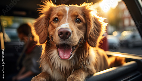 Cute puppy sitting outdoors, looking at camera with loyalty generated by AI