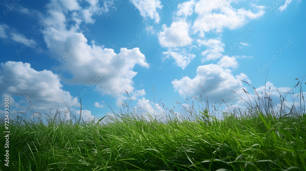 Illustration background, Beautiful grassy fields and summer blue sky with fluffy white clouds in the wind