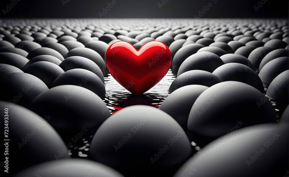 Obraz premium Red heart standing out in a sea of grey, surrounded by a sharply contrasting black and white world, focus on heart. Generative AI