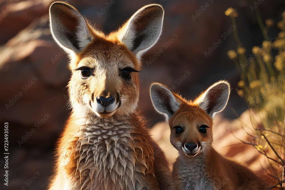 A kangaroo with a joey in her pouch in the Australian outback