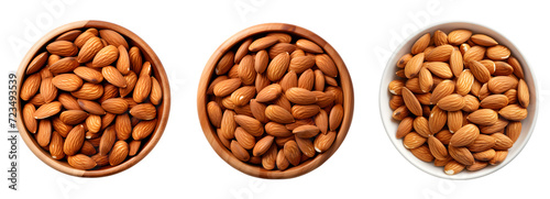 Almond, top view of a wooden bowl full of almond cut isolated on transparent background cutout, PNG file. photo