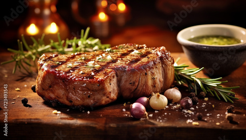 Grilled steak, cooked rare, on rustic wooden plate generated by AI