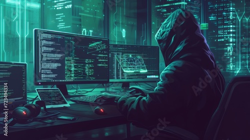 a hiding professional hacker with a hoodie not showing his face hacking illegally. wallpaper background photo