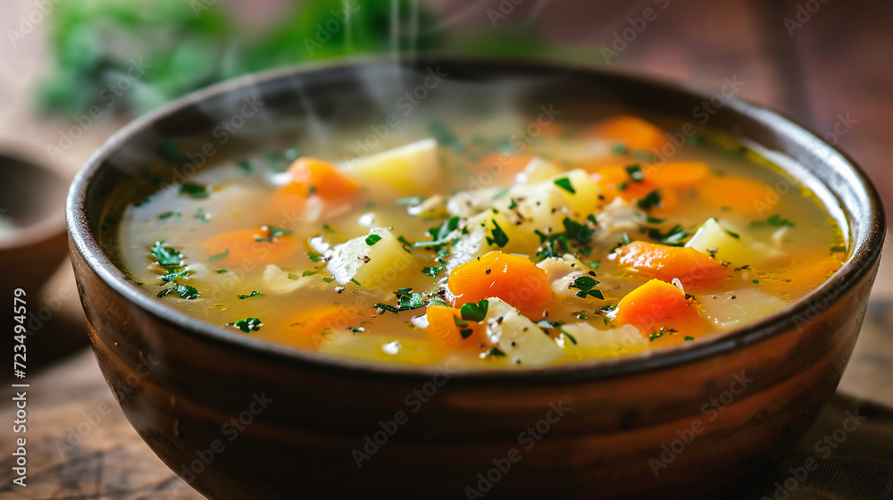 Chicken soup with vegetables and herbs in a bowl on a wooden table Chicken soup with vegetables and herbs in a bowl on a wooden table