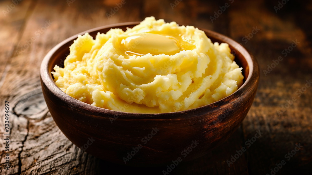 Mashed potatoes in a wooden bowl on rustic wooden background. Mashed potatoes in a wooden bowl on rustic wooden background.