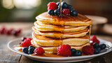 Pancakes with fresh berries and maple syrup on a wooden background