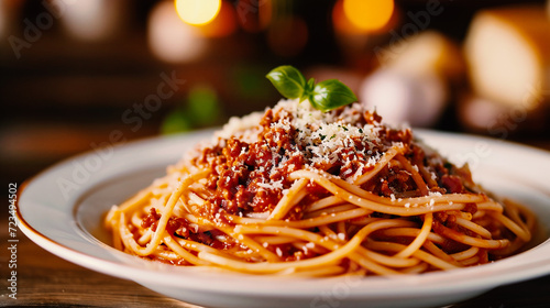 Spaghetti bolognese with parmesan on wooden table
