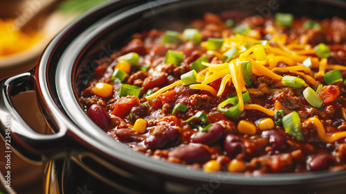 Chili con carne in a bowl on wooden table, closeup photo
