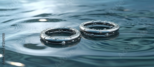Wedding rings on water surface with ripples and ripples