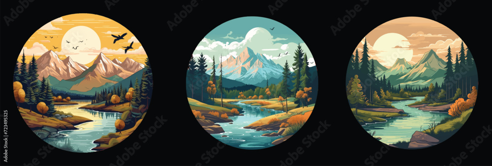 groupset vector illustration of river, mountain and forest views
