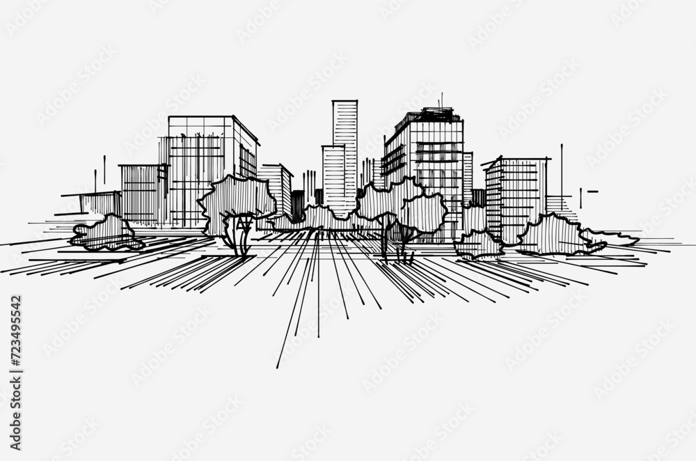 Modern outline city landscape. Sketch. Hand drawn. Architecture.
