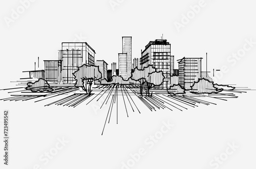 Modern outline city landscape. Sketch. Hand drawn. Architecture.