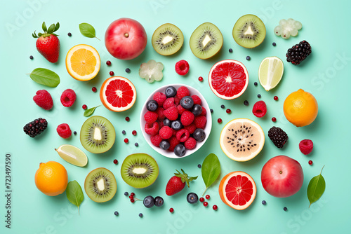 Healthy mix berries fruits organic food clean eating selection on pastel aqua green background. colorful fruits top view flat lay