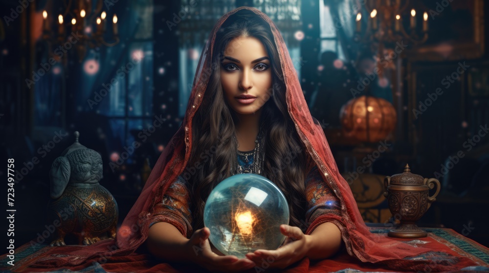 Charming gypsy female fortune teller guessing future at the table with magic crystal ball. Mysterious atmosphere. AI Generated 