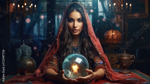 Charming gypsy female fortune teller guessing future at the table with magic crystal ball. Mysterious atmosphere. AI Generated 