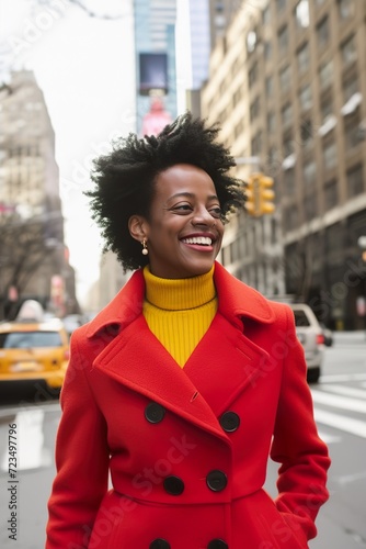 Stylish Woman in Yellow Turtleneck and Red Peacoat in City