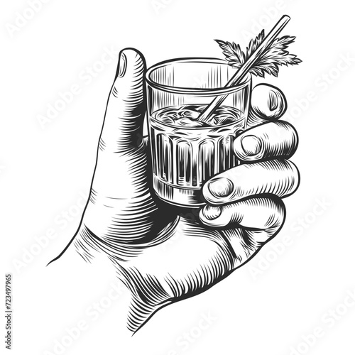 male hand holding Cocktail with ice cubes in a crystal glass. Hand drawn design element. Engraving style. Vector illustration isolated on background for menu, special offer, bar, windows design,