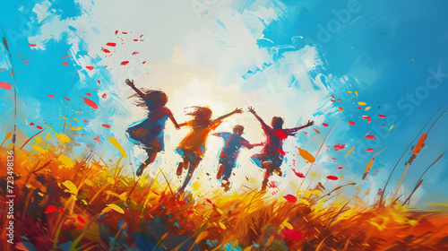 Children Jumping in a Field