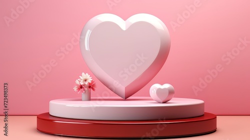 Podium background pink 3d product love display platform red heart stand studio stage day. Background pink backdrop podium shape minimal scene room abstract pedestal gift light sale pastel romantic day