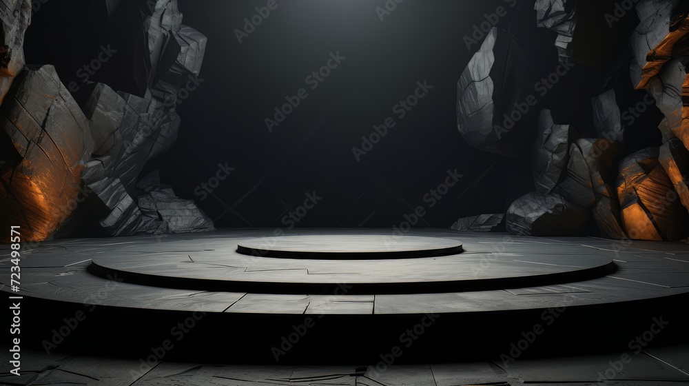 Obraz premium Black podium stone background rock product display 3d dark stand platform abstract stage scene studio. Stonewall black space podium mockup pedestal geometric marble showcases minimal presentation