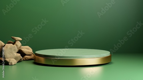 Green podium background platform product 3d studio presentation stage. Light abstract simple pedestal floor stand scene, wall pastel green color background render