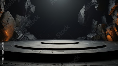 Black podium stone background rock product display 3d dark stand platform abstract stage scene studio. Stonewall black space podium mockup pedestal geometric marble showcases minimal presentation