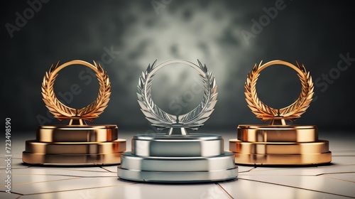 Winner award podium prize silver gold trophy win champion pedestal first stage bronze sport. Podium background winner 3d award ceremony medal platform laurel best place second third design light event
