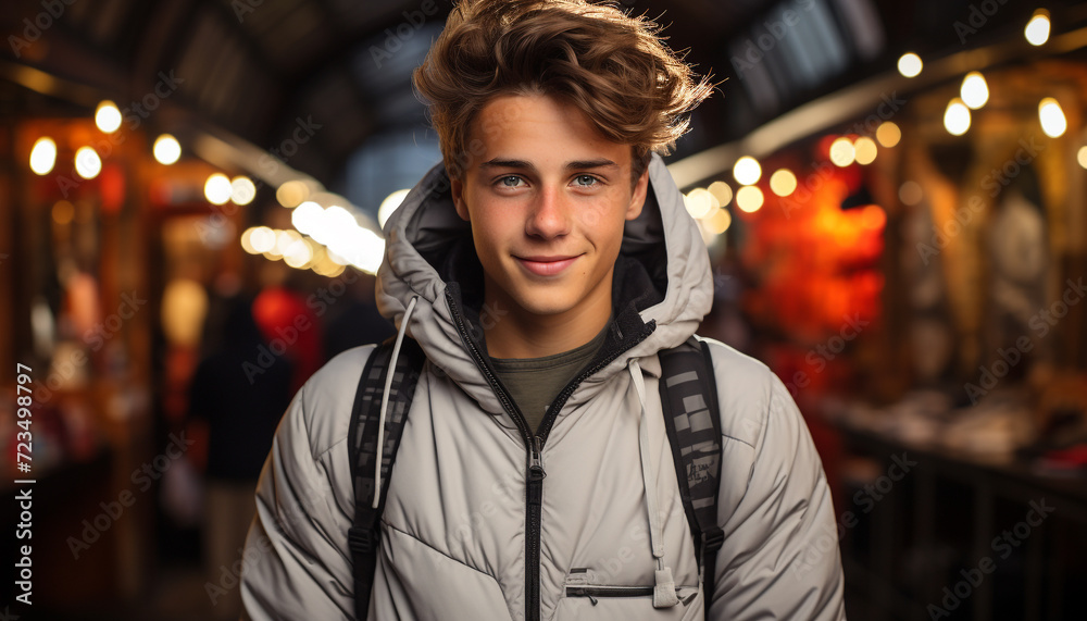 Young man smiling, looking at camera, standing outdoors at night generated by AI