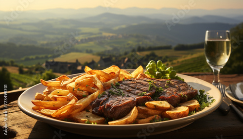 Grilled steak, wine, and fresh fries on rustic picnic table generated by AI