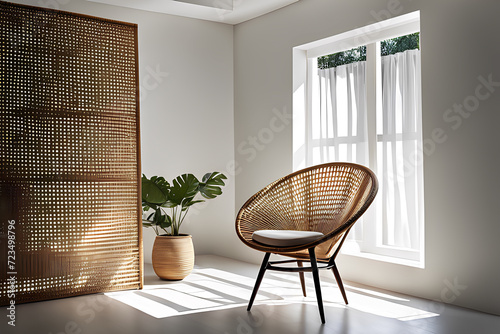Ethereal Comfort: Bright Room featuring Rattan Chair, Plants and Calm Window Views