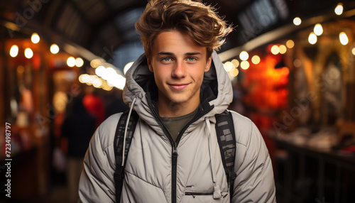 Young man smiling, looking at camera, standing outdoors at night generated by AI