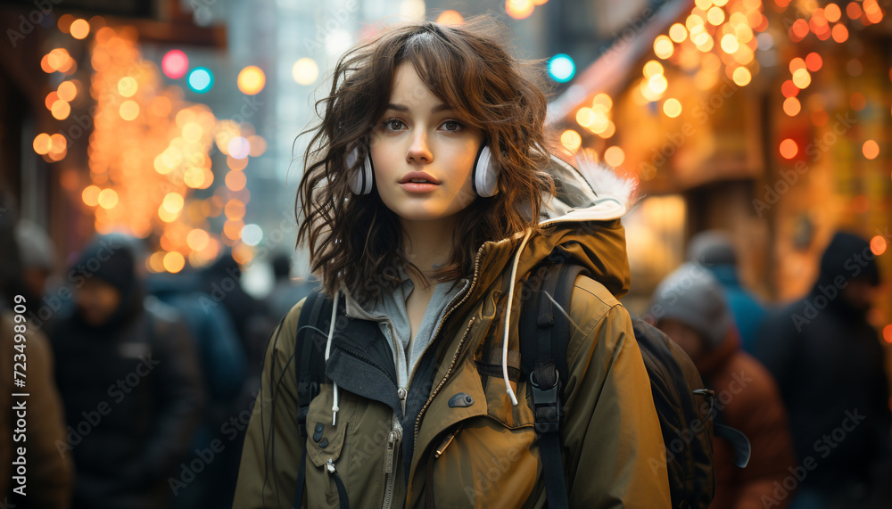 Young woman in warm clothing smiling, walking in illuminated city generated by AI