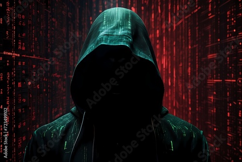 Computer hacker in hoodie. Obscured dark face. Data thief, internet fraud, darknet and cyber security concept. photo