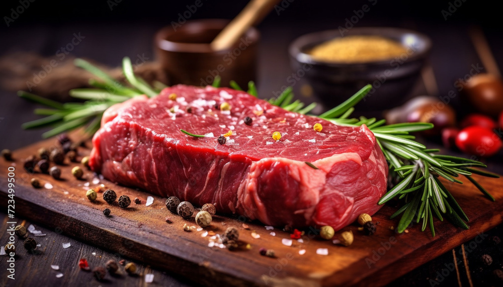 Fresh, juicy steak on wooden table, seasoned with spices generated by AI