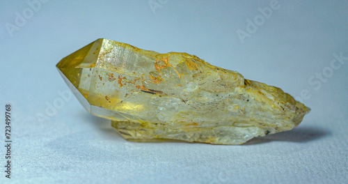 Stylized Enhanced High Contrast Transparent Elestial Smokey Brown Gold Hue Clear Quartz Natural Faceted Crystal Gemstone Single Termination Point Cluster White Background 