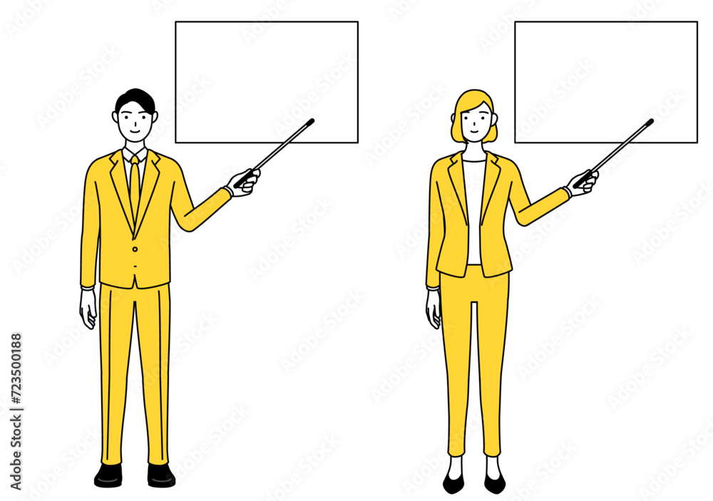 ホワイトボードを指示棒で指すスーツ姿の男性と女性のシンプルな線画イラスト