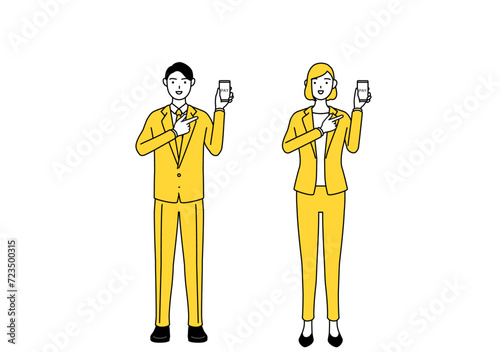 スマホのキャッシュレス・オンライン決済を勧めるスーツ姿の男性と女性のシンプルな線画イラスト
