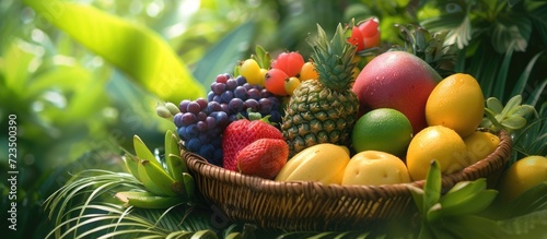 Tropical fruits in a grassy basket.
