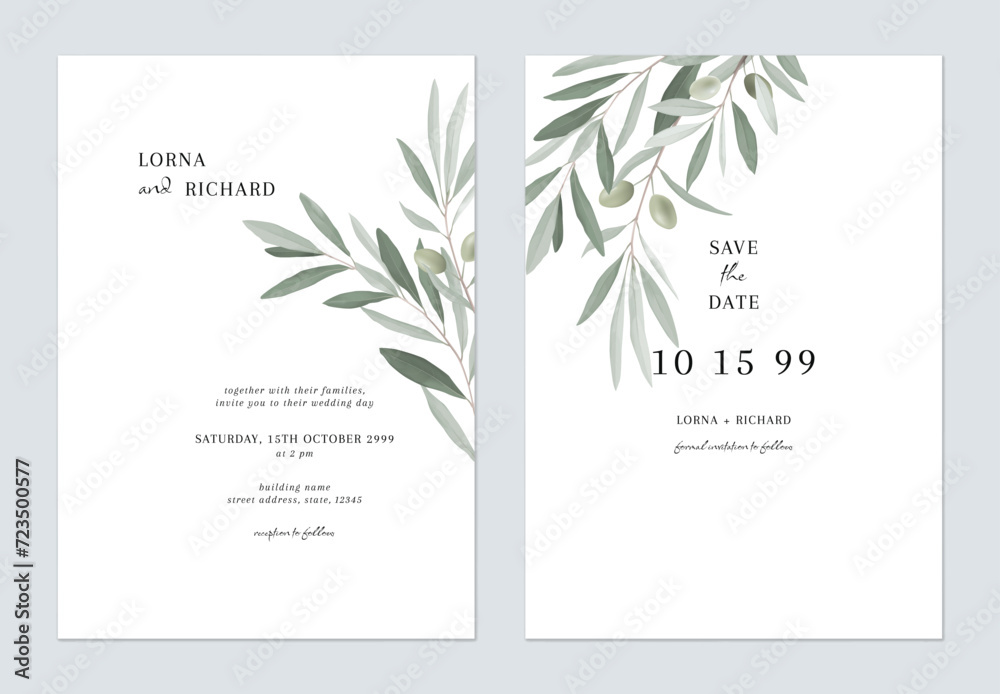 White green minimalist olive leaves wedding invitation