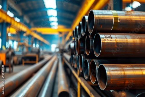 Steel pipes in warehouse or factory, close up